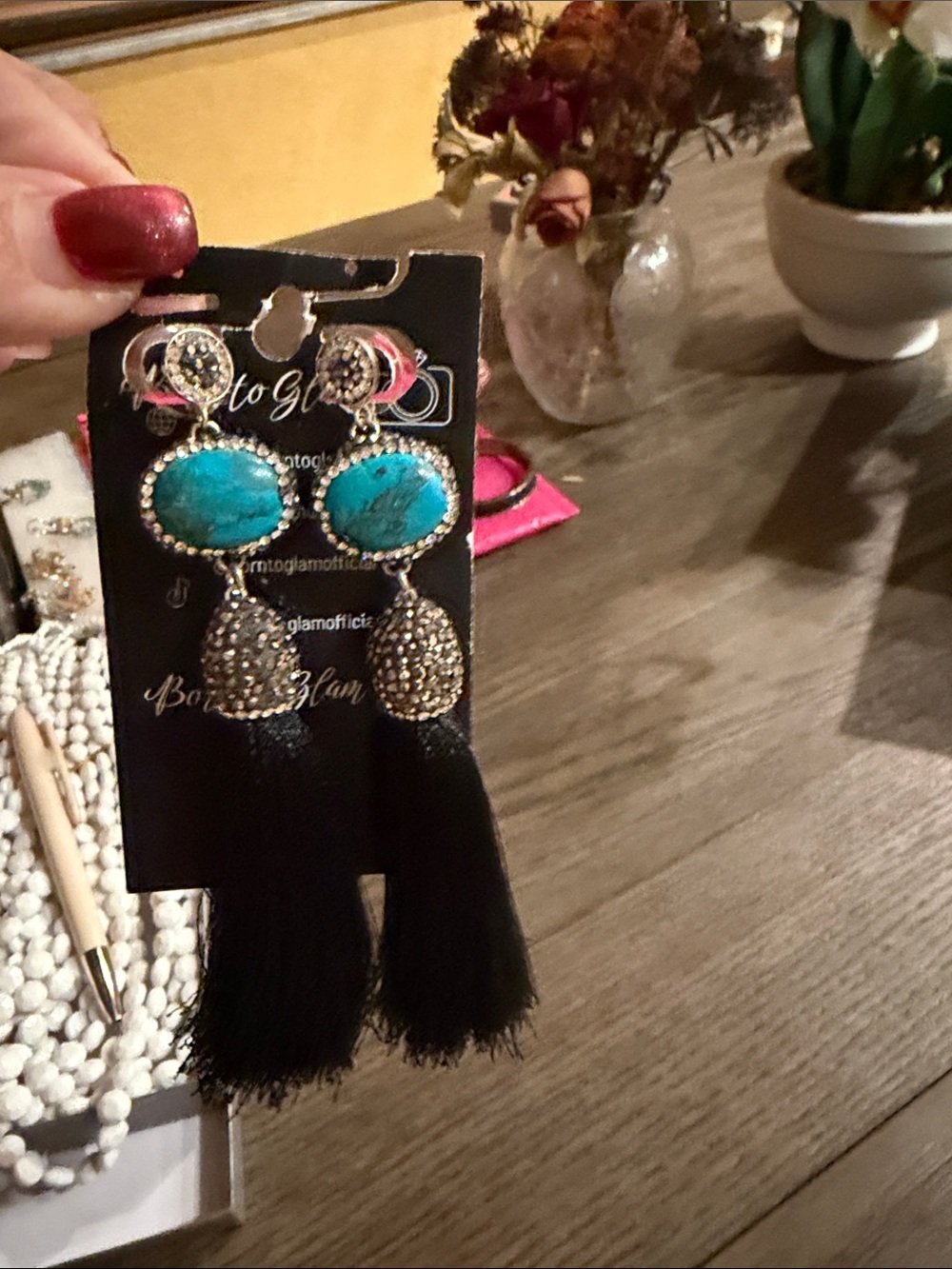 Turquoise Stone and Black Tassel Drop Earrings